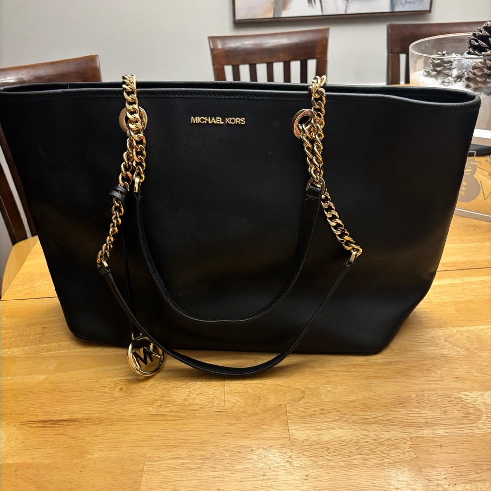 Michael Kors Black Tote with Gold Chain Accents